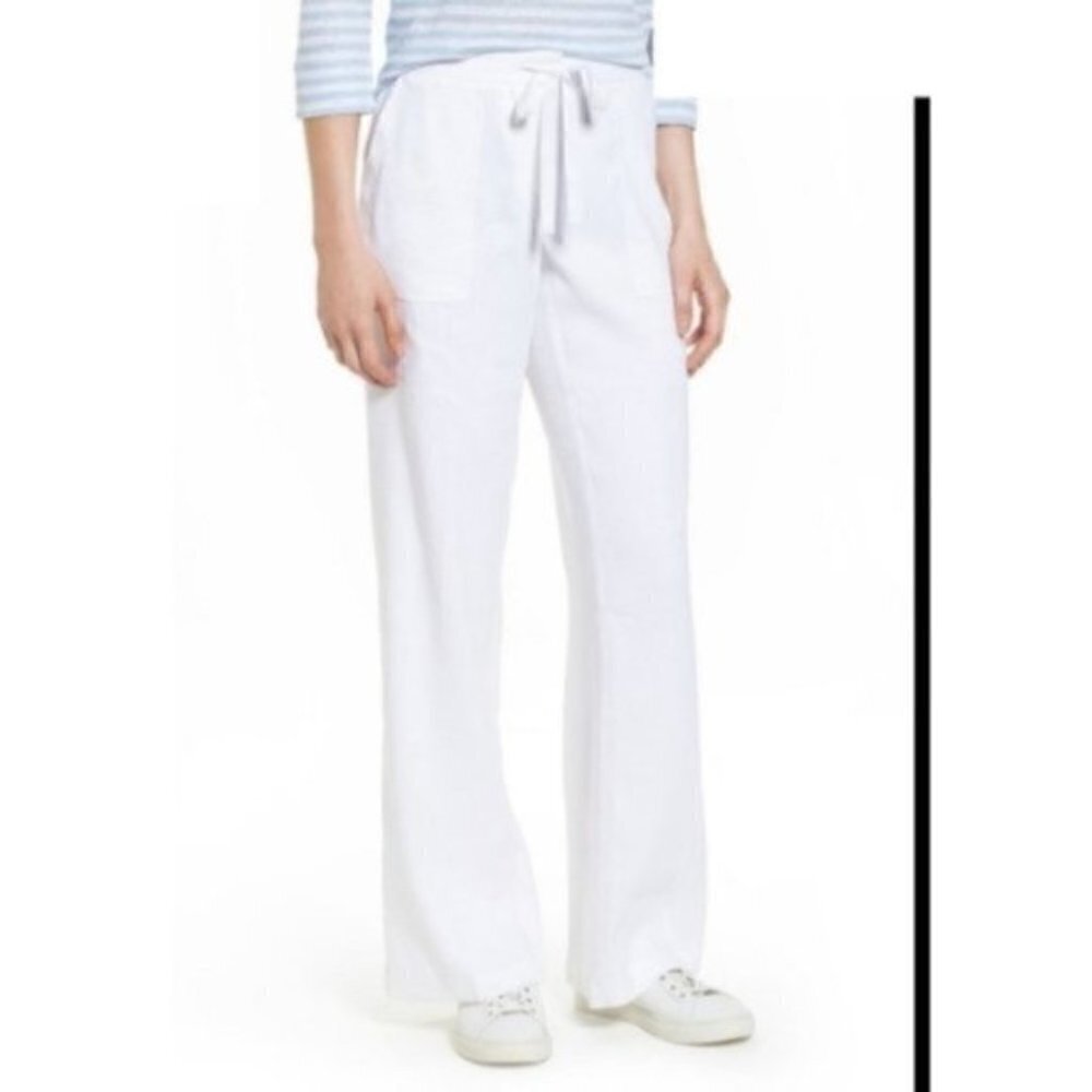 Nordstrom Signature Women's Size 14 Drawstring Waist Pants White Linen Blend